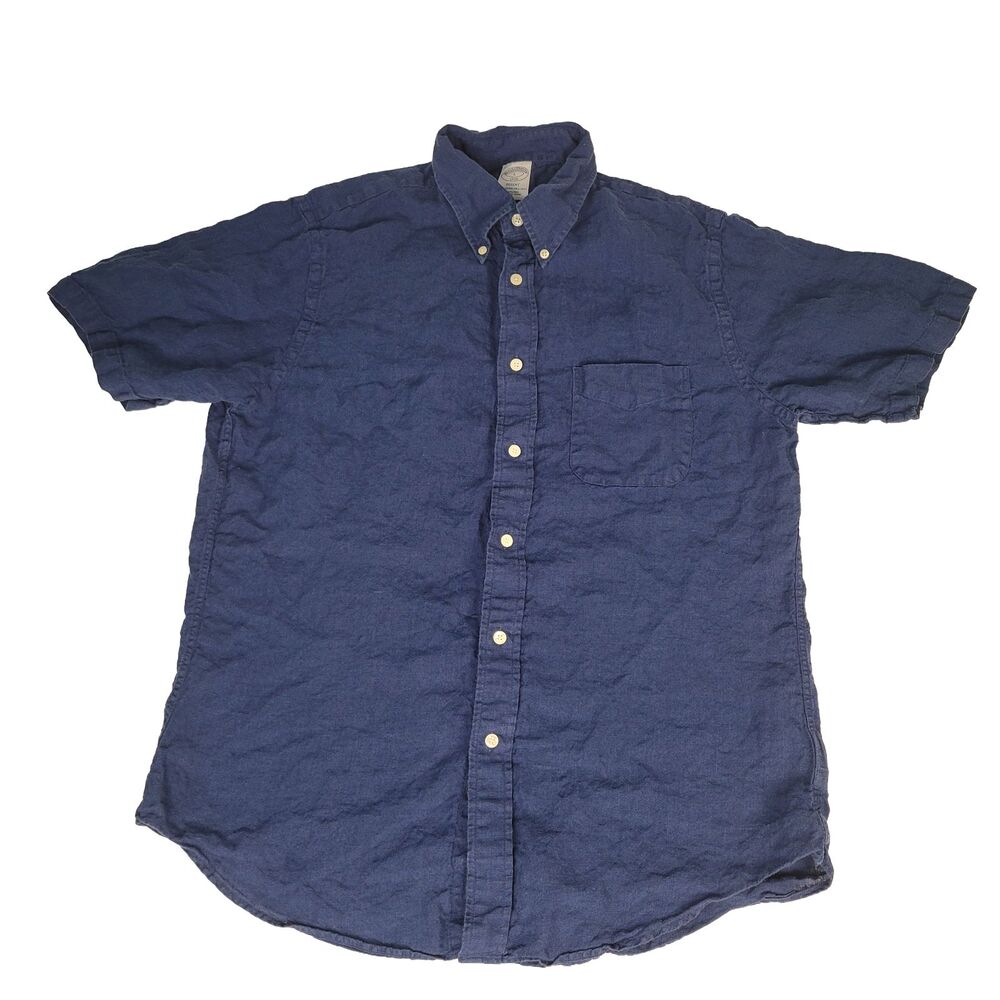 Brooks Brothers Linen Shirt 1818 Regent Mens Large Blue Short Sleeve Button Up